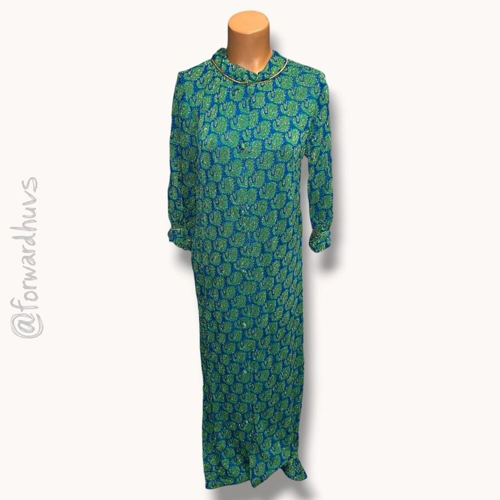 Vintage 1960s Metallic Gold Lurex Brocade Paisley Maxi Dress Gown